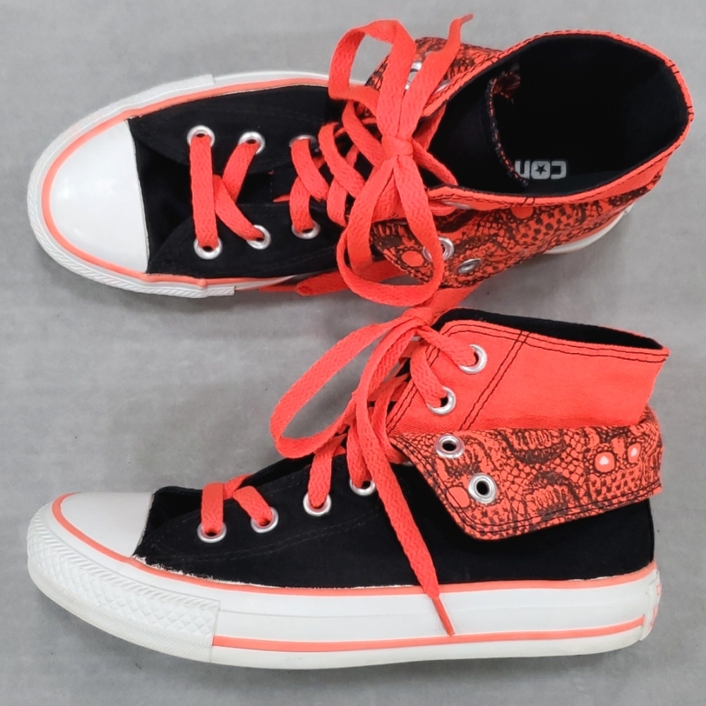 Converse Chuck Taylor sneakers women's 6 black neon orange skulls double canvas